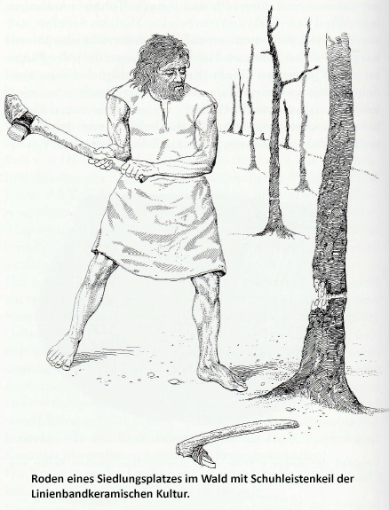 Zeichnung von Fritz Wendler; Rodung mit einer Steinaxt.