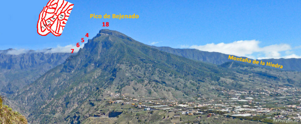 Die Nordseite des Pico de Bejenado grenzt an den Vulkankrater Caldera de Taburiente, die Westseitean die Angustiasschlucht.g